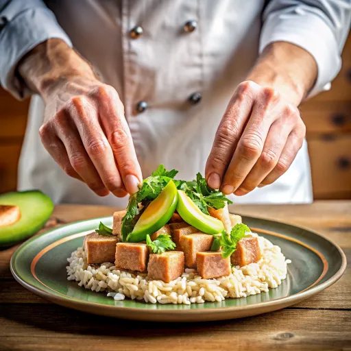 ข้าวกล้องผัดอะโวคาโดกับเต้าหู้กรอบ